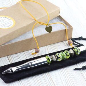 Green and Silver Beaded Metal Ballpoint Pen with Lampwork Glass Beads • Refillable image 8