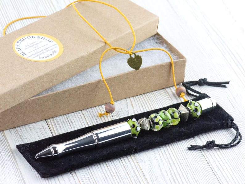 Green and Silver Beaded Metal Ballpoint Pen with Lampwork Glass Beads • Refillable image 8