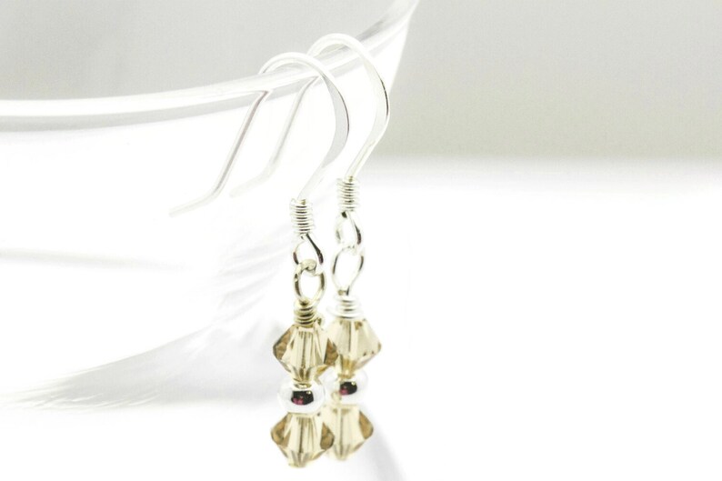 November Topaz Swarovski Crystal Birth Month Sterling Silver Drop Earrings hanging on vase
