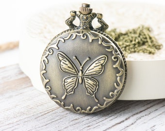 Butterfly Charm Bronze Pocket Watch Long Necklace / Unique Watches / Nature Inspired Jewelry / Large Pocket Watch