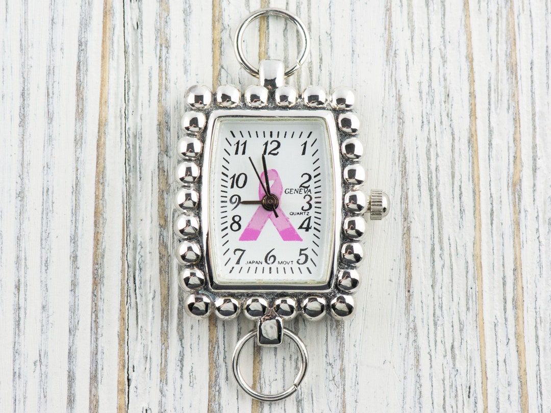 Pink Ribbon Bumpy Rectangle Silver Watch Face / Beading Watch Face for ...