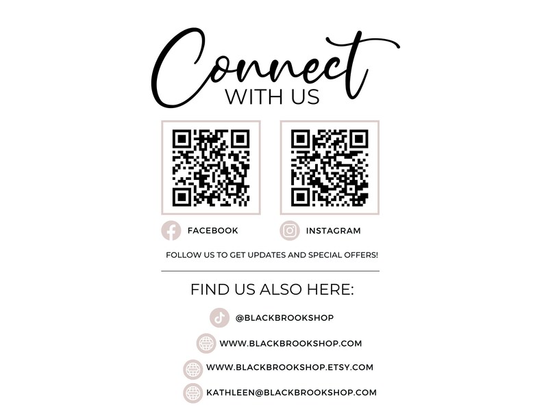 May include: Connect with us text with two QR codes, one for Facebook and one for Instagram. Below the QR codes is the text "Follow us to get updates and special offers!" and "Find us also here:" with links to social media accounts and websites.