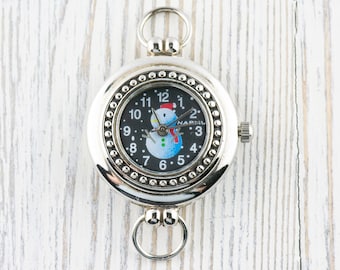 Quadrante dell'orologio, pupazzo di neve bianco, tono argento rotondo, quadrante nero, quadrante dell'orologio di Natale