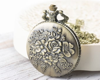Collana lunga con orologio da tasca in bronzo con rose / Orologi unici / Gioielli ispirati alla natura / Orologio da tasca grande