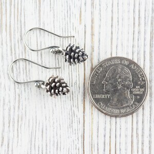 May include: A pair of silver earrings with a small pine cone charm. The earrings are shown next to a US quarter for size reference.