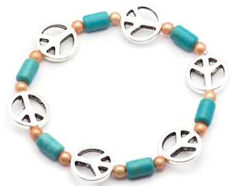 Turquoise Peace Sign Bracelet, Blue, Peace Bracelet, Stretch