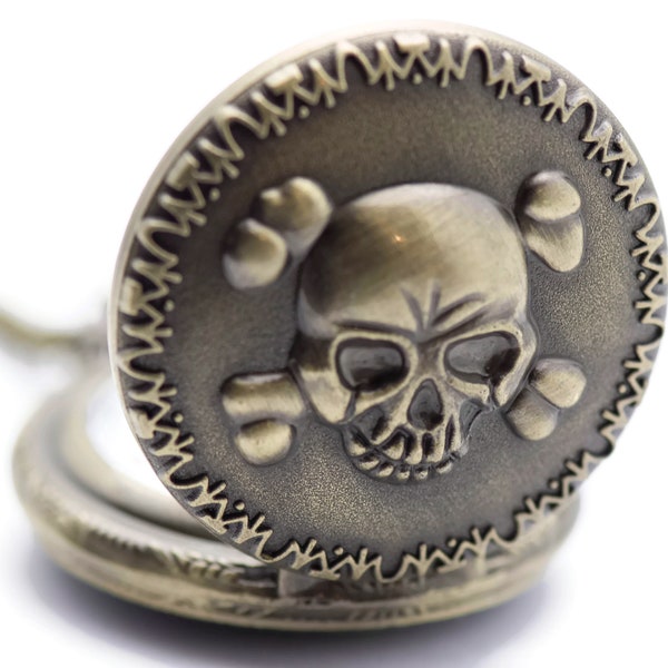 Collier Skull & Crossbones Pocket Watch, Collier Skull Watch, Long Collier Montre, Bronze Pocket Watch, Ladies Pocket Watch