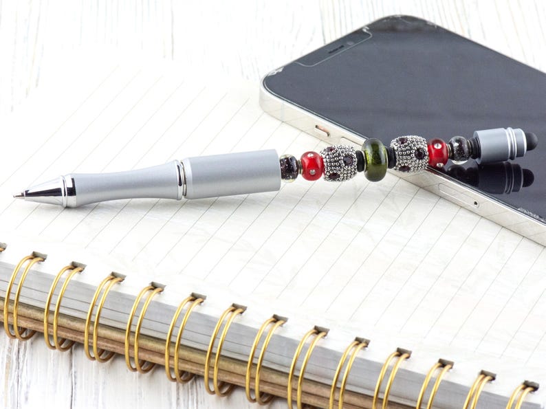 Vintage Christmas Beaded Silver Stylus Pen • Lampwork Glass Beads • Metal Ballpoint image 2