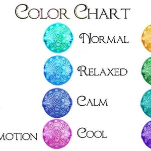 May include: Color chart with 12 different colored circles, each with a pattern and a word describing a mood or emotion. The words are: Stressed, Fear, Nervous, Mixed Emotion, Normal, Relaxed, Calm, Cool, Loveable, Romance, Passion, Very Happy.