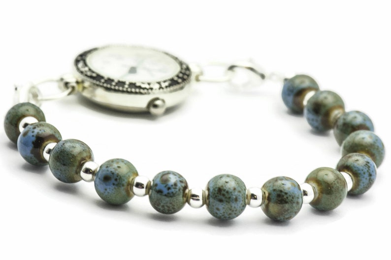 Blue Porcelain Round Stretch Interchangeable Beaded Bracelet Watch Band • Medical ID Bracelet • Ladies Watch Band image 5
