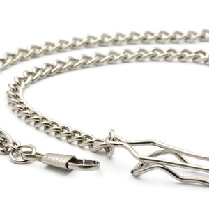 May include: A silver chain with a silver clasp. The chain is made of a curb link pattern.