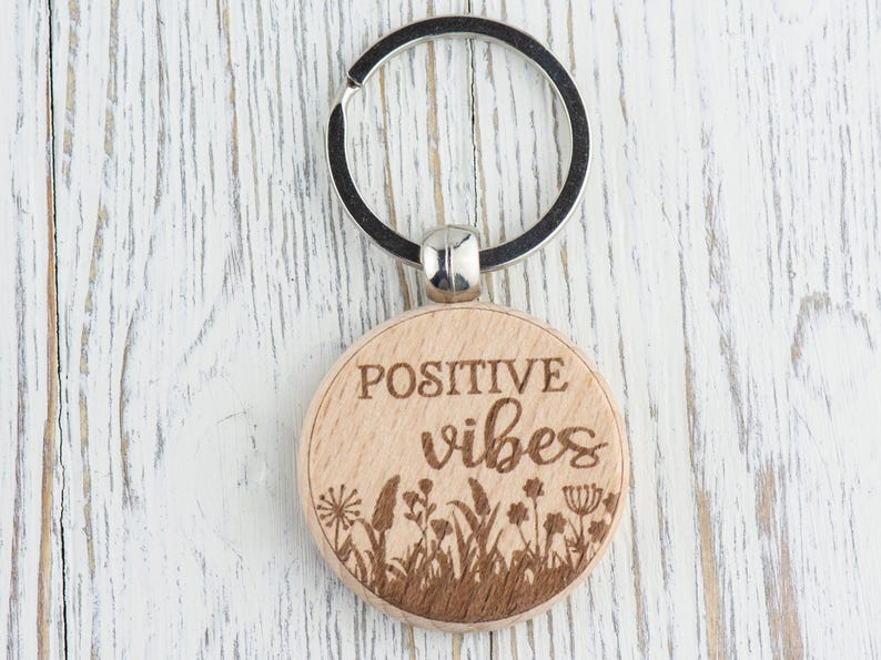 Inspirational Quotes Natural Wood Keychain • Laser-Engraved Stainless Steel Keyring • Double-Sided Positive Vibes