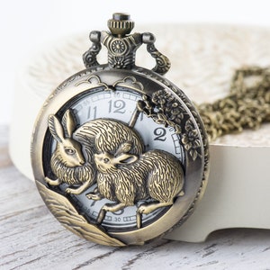 Rabbit Bronze Pocket Watch Long Necklace / Unique Watches / Nature Inspired Jewelry / Large Pocket Watch