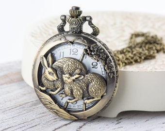 Rabbit Bronze Pocket Watch Long Necklace / Unique Watches / Nature Inspired Jewelry