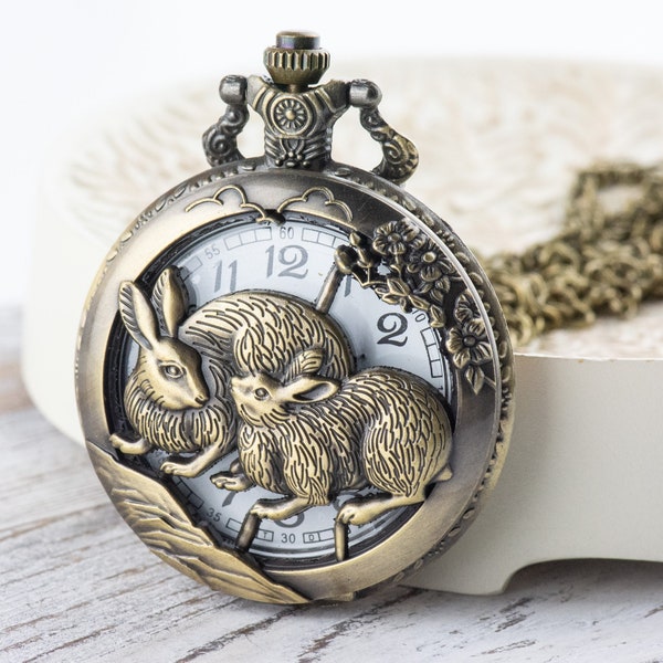 Rabbit Bronze Pocket Watch Long Necklace / Unique Watches / Nature Inspired Jewelry