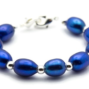 Sapphire Blue Freshwater Pearl Watch Band, Medical ID Bracelet • Handmade Watch Band • Stretch Watch Band image 1