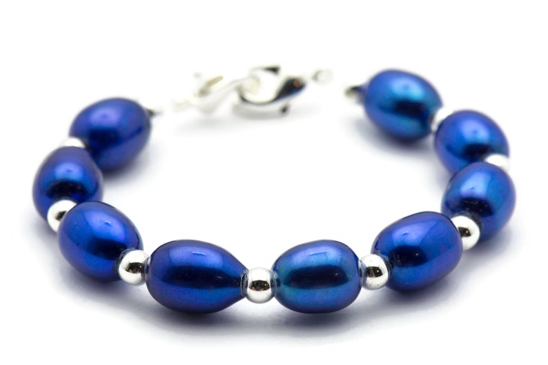 Sapphire Blue Freshwater Pearl Watch Band, Medical ID Bracelet • Handmade Watch Band • Stretch Watch Band image 1