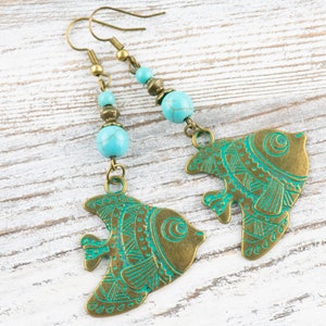 Tropical Fish Brass Earrings • Blue Patina • Ocean Theme • Summer Jewelry • Nautical Gift for Her