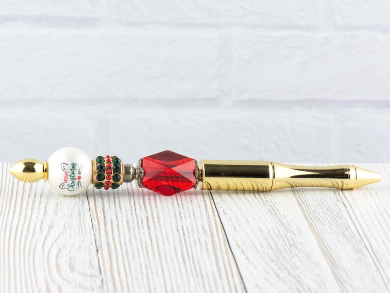 Meowy Christmas Beaded Metal Ballpoint Pen with Lampwork Glass Beads • Black Ink (Extra Refill) image 4