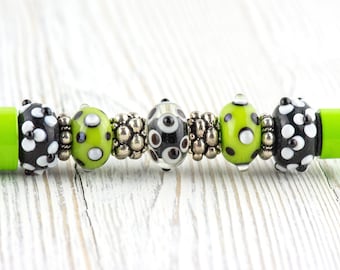 Lime Green Beaded Metal Ballpoint Pen with Lampwork Glass Beads