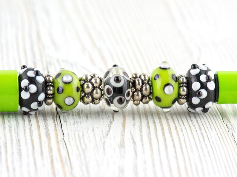 Lime Green Beaded Metal Ballpoint Pen with Lampwork Glass Beads image 1