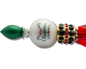 Meowy Christmas Beaded Pen, Emerald Green Pen, Christmas Gift, Cat Lover Gift