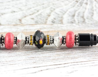Midnight Rose Beaded Black Stylus Pen • Lampwork Glass Beads • Metal Ballpoint