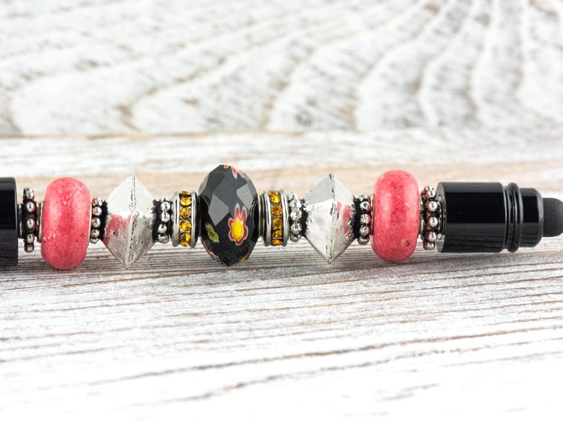 Midnight Rose Beaded Black Stylus Pen • Lampwork Glass Beads • Metal Ballpoint image 1