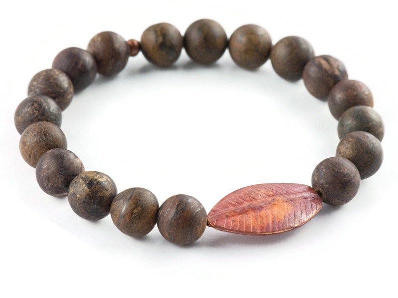 Kopparbladbronzitpärlsträckt armband / Boho-stil ädelstensarmband / Naturinspirerade jordnära höstsmycken bild 3