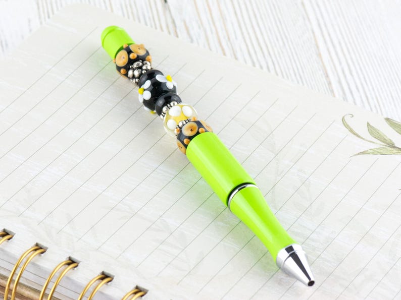 Desert Daisy Beaded Metal Ballpoint Pen with Lampwork Glass Beads • Refillable image 3