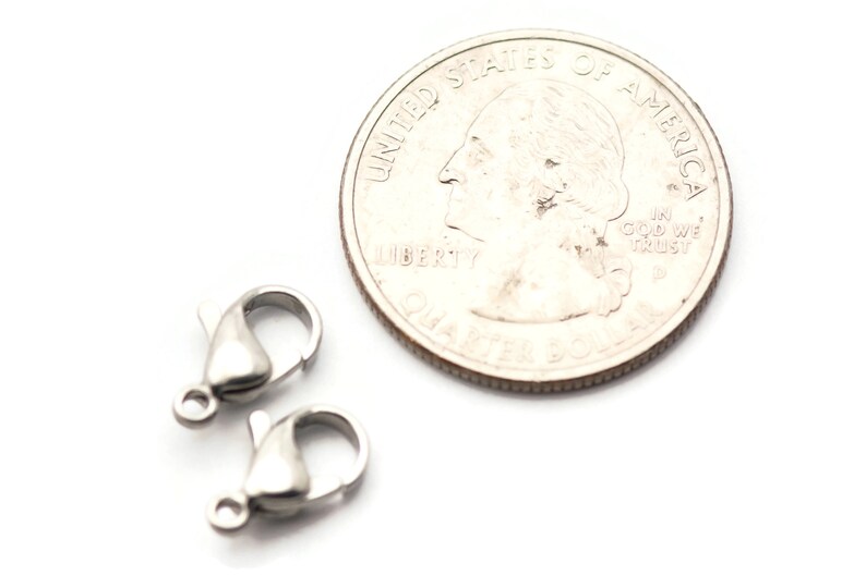 May include: Two silver-toned lobster claw clasps, each about the size of a US quarter.