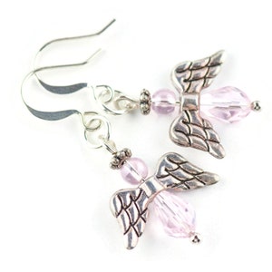 Pink Christmas Angel Earrings, Handmade Silver Plated Earrings, Angel Jewelry