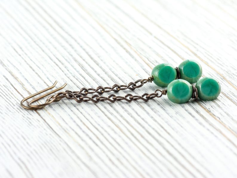 Aqua Blue Glass & Brass Earrings • Earthy Boho Jewelry • Nature-Inspired Handmade Earrings • Jewelry Gift • Nickel-free • Lead-free image 1