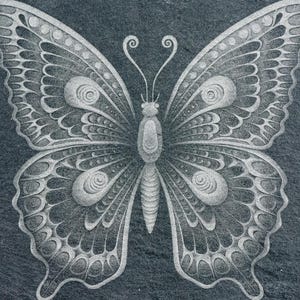 Puede incluir: Un dise&ntilde;o de mariposa detallado e intrincado tallado en una superficie de pizarra gris oscuro. La mariposa es blanca y tiene un patr&oacute;n sim&eacute;trico de c&iacute;rculos y espirales.