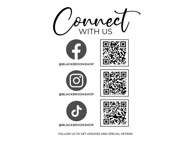 May include: Connect with us on social media.  Follow us on Facebook, Instagram, and TikTok.  Scan the QR codes to access our social media pages.