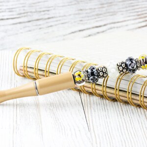 Black and Gold Beaded Metal Ballpoint Pen with Lampwork Glass Beads • Refillable image 2
