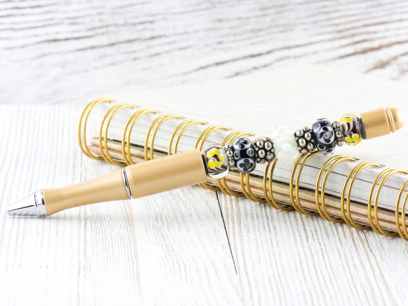 Black and Gold Beaded Metal Ballpoint Pen with Lampwork Glass Beads • Refillable image 2