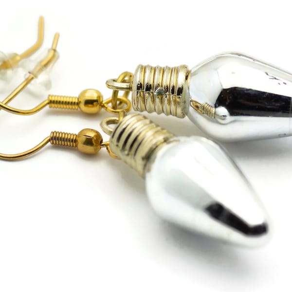 Silver Metallic Bulb, Christmas Ornament Earrings, Light Bulbs, Mini Glass Bulb, Holiday Earrings, Festive Earrings, Colorful Earrings