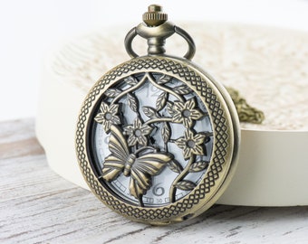 Butterfly Floral Bronze Pocket Watch Long Necklace / Unique Watches / Nature Inspired Jewelry / Large Pocket Watch