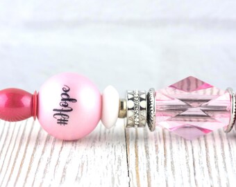 Hope Breast Cancer Awareness Beaded Metal Ballpoint Pen with Lampwork Glass Beads • Black Ink (Extra Refill)