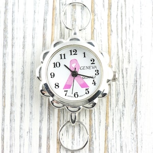 Pink Ribbon Silvertone Flower Watch Face • White Dial • DIY Beading Watch • Jewelry Making • Analog • Loops and Battery Included