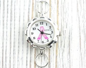 Reloj con esfera de flores plateadas y cinta rosa • Esfera blanca • Reloj para manualidades con cuentas • Creación de joyas • Analógico • Incluye bucles y batería