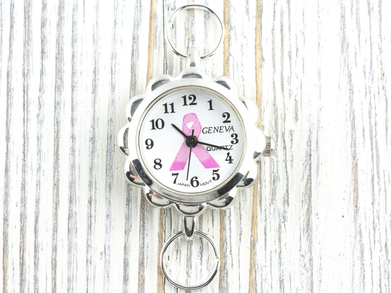 Pink Ribbon Silvertone Flower Watch Face • White Dial • DIY Beading Watch • Jewelry Making • Analog • Loops and Battery Included image 1