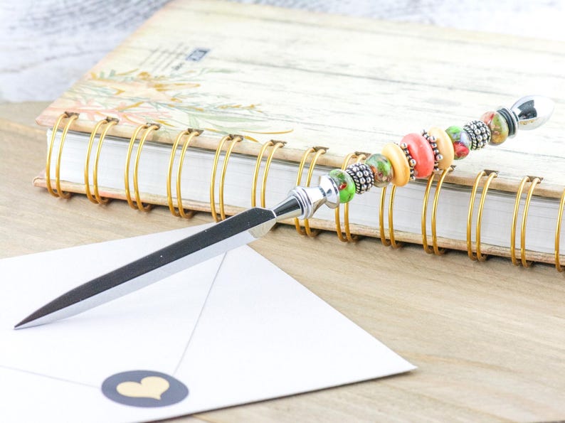 Moon Over Miami Glass Beaded Silver Letter Opener • Paper Knife • Desk Accessory image 2