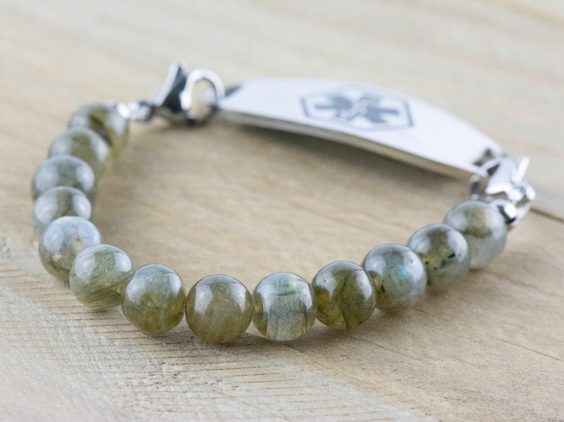 Labradorite Stretch Beaded Watch Band, Medical Alert Bracelet, Single Strand, Interchangeable, Handmade Jewelry imagem 6