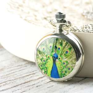 Peacock Print Porcelain Pocket Watch Long Necklace / Unique Watches / Nature Inspired Jewelry image 1