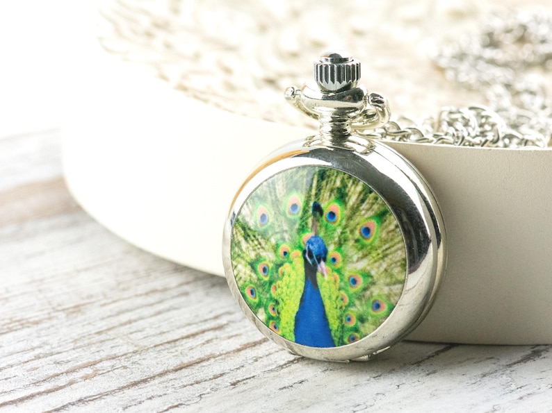 Peacock Print Porcelain Pocket Watch Long Necklace / Unique Watches / Nature Inspired Jewelry image 1