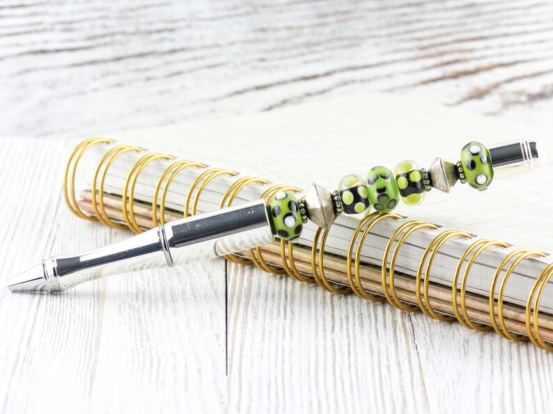 Green and Silver Beaded Metal Ballpoint Pen with Lampwork Glass Beads • Refillable image 2
