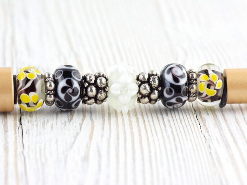 Black and Gold Beaded Metal Ballpoint Pen with Lampwork Glass Beads • Refillable image 1