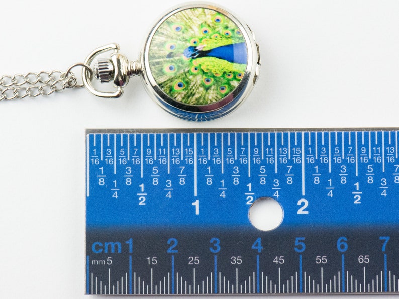 May include: A silver pocket watch with a chain. The watch face features a colourful peacock design. The watch is 2.5 cm in diameter.